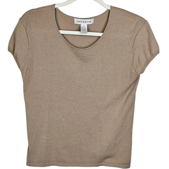 Jones New York Tan Short Cap Sleeve Pullover Rayon/Nylon Sweater Top Size Large - Picture 9 of 9